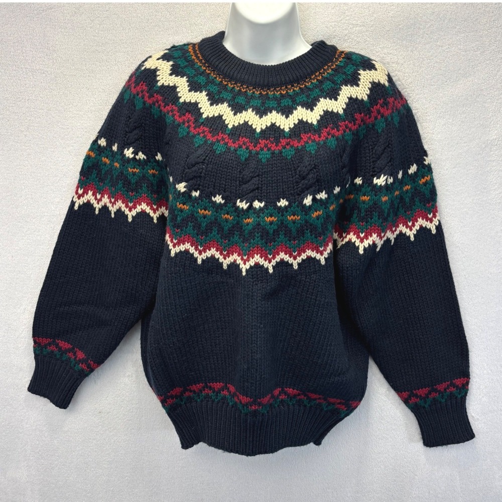Vintage 90s Oversized Chunky Fair Isle Ski Sweater Womens Small Thick Knit Cabin